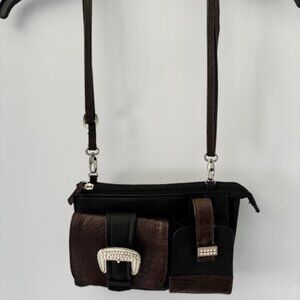 Braciano Black Croc Embossed Crossbody Bag Rhinestone Buckle Adjustable Straps